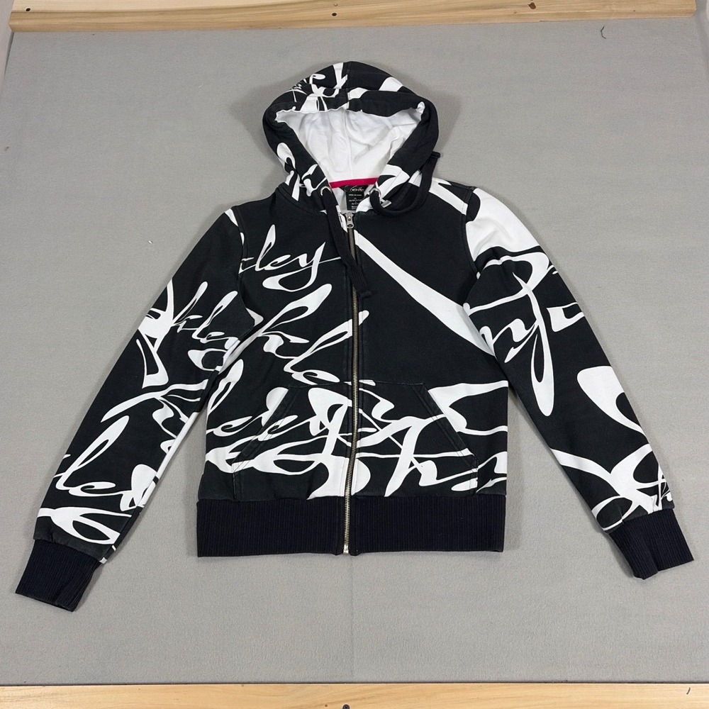 Oakley Womens Full Zip Hoodie Black White Abstract Graphic Print Sweatshirt M